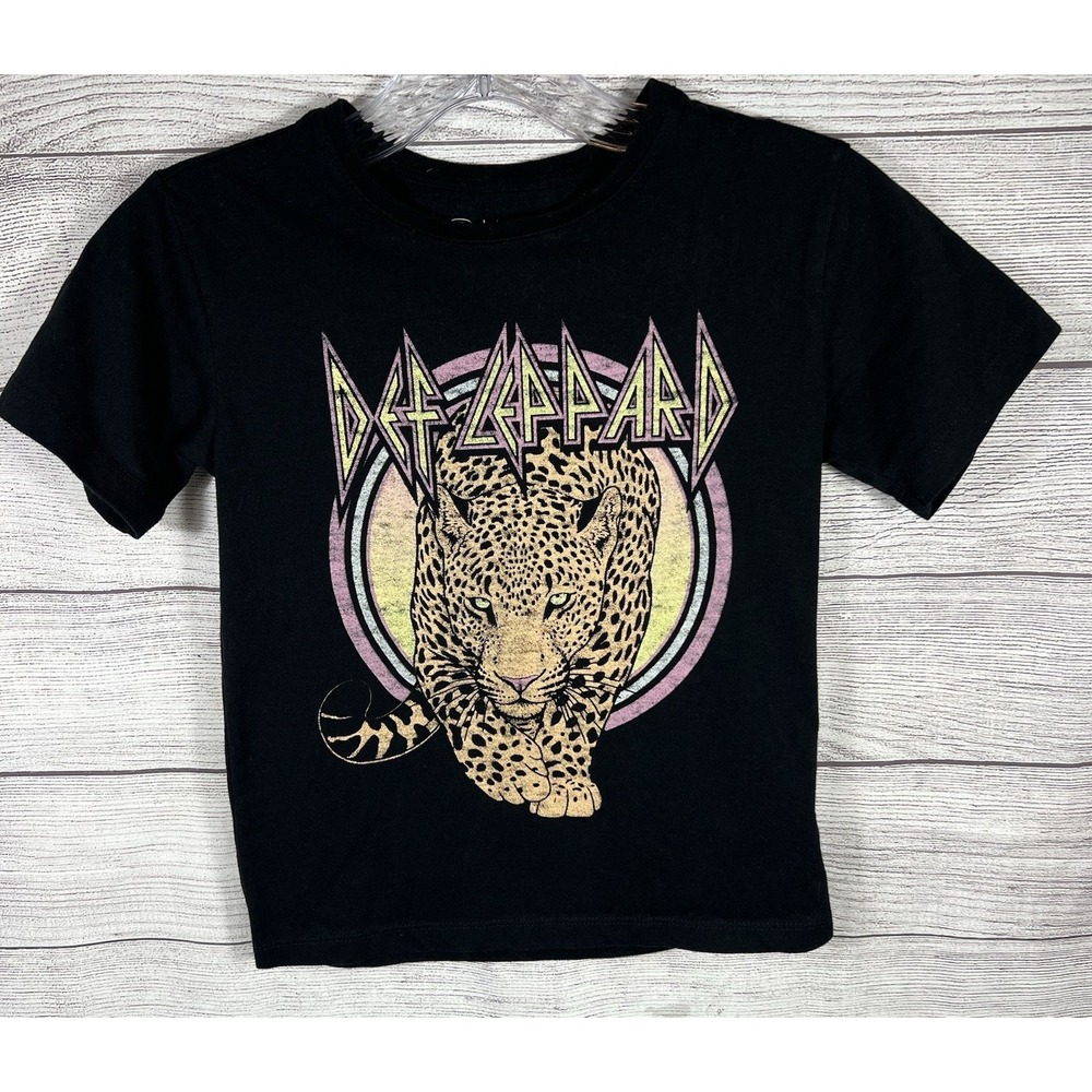 Def Leppard Shirt Youth 6-6X Black Leopard Graphic Rock Band Tee Kids Tour‎
